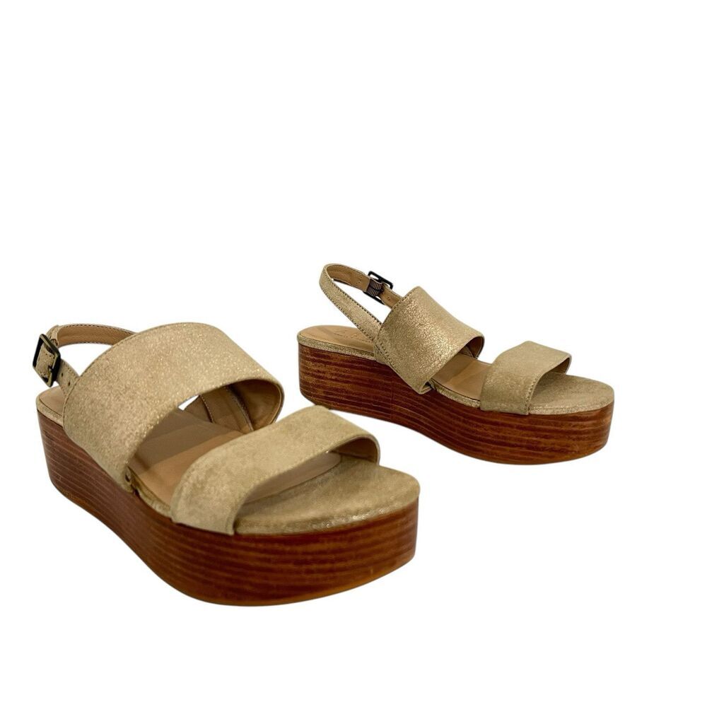 Able Local + Global Size 7.5 Pamela Wood Platform Gold Metallic Sandals
